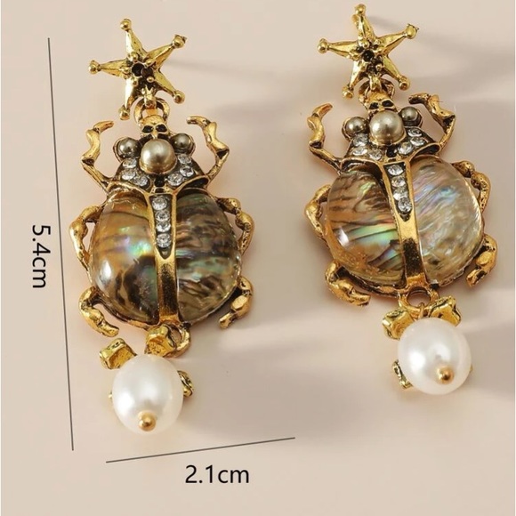 Unique👑✨Regal Royal Beetle Antique Gold Abalone Bedazzled Pearl Drop Ear… - Picture 4 of 11